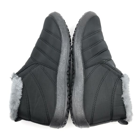 BJ Black Quilted Faux Fur Lined Soft Sole Flat Ankle Waterproof Slipper Shoes - Picture 11 of 16